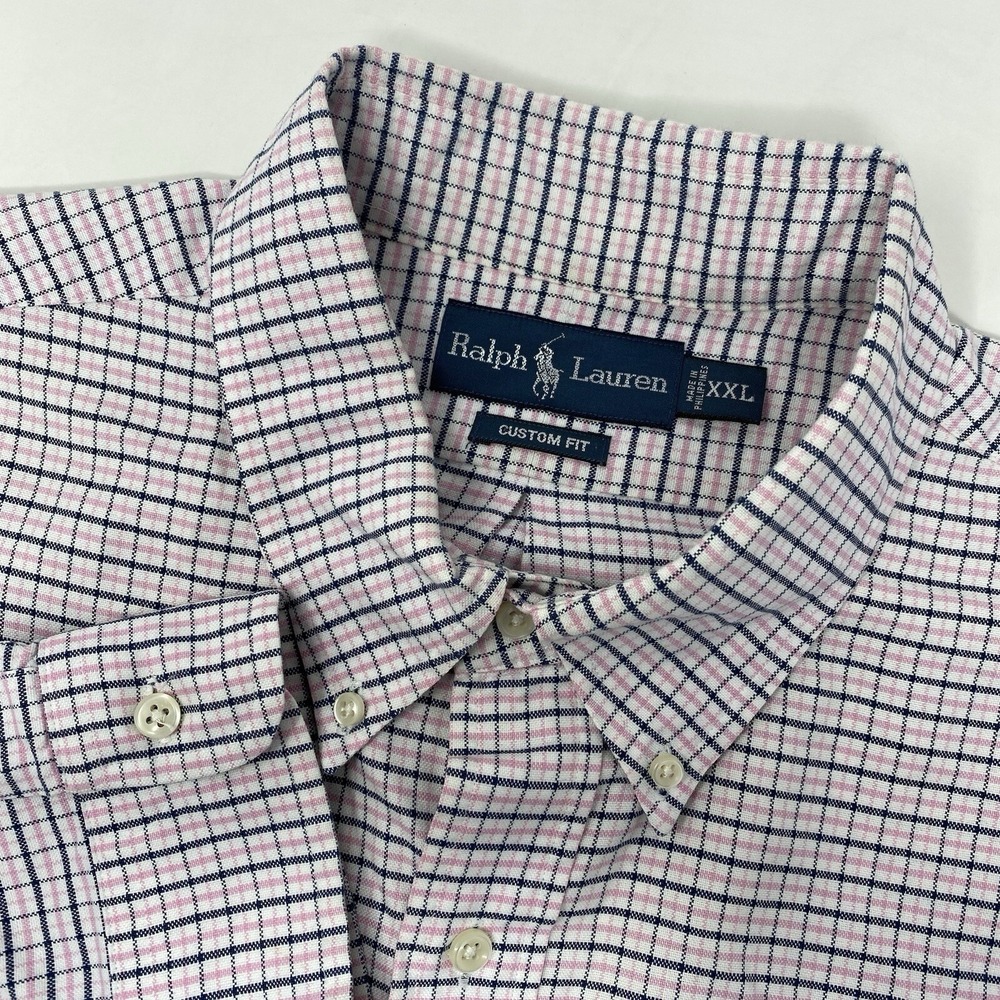 Ralph Lauren Button Down Shirt Mens XXL‎ Pink Navy White Tattersall Custom Fit